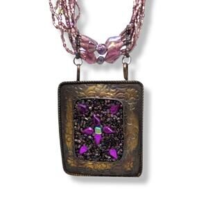 Vintage Mauve Irridecent Glass Beads, Brass Center Piece with Beads 18" Necklace